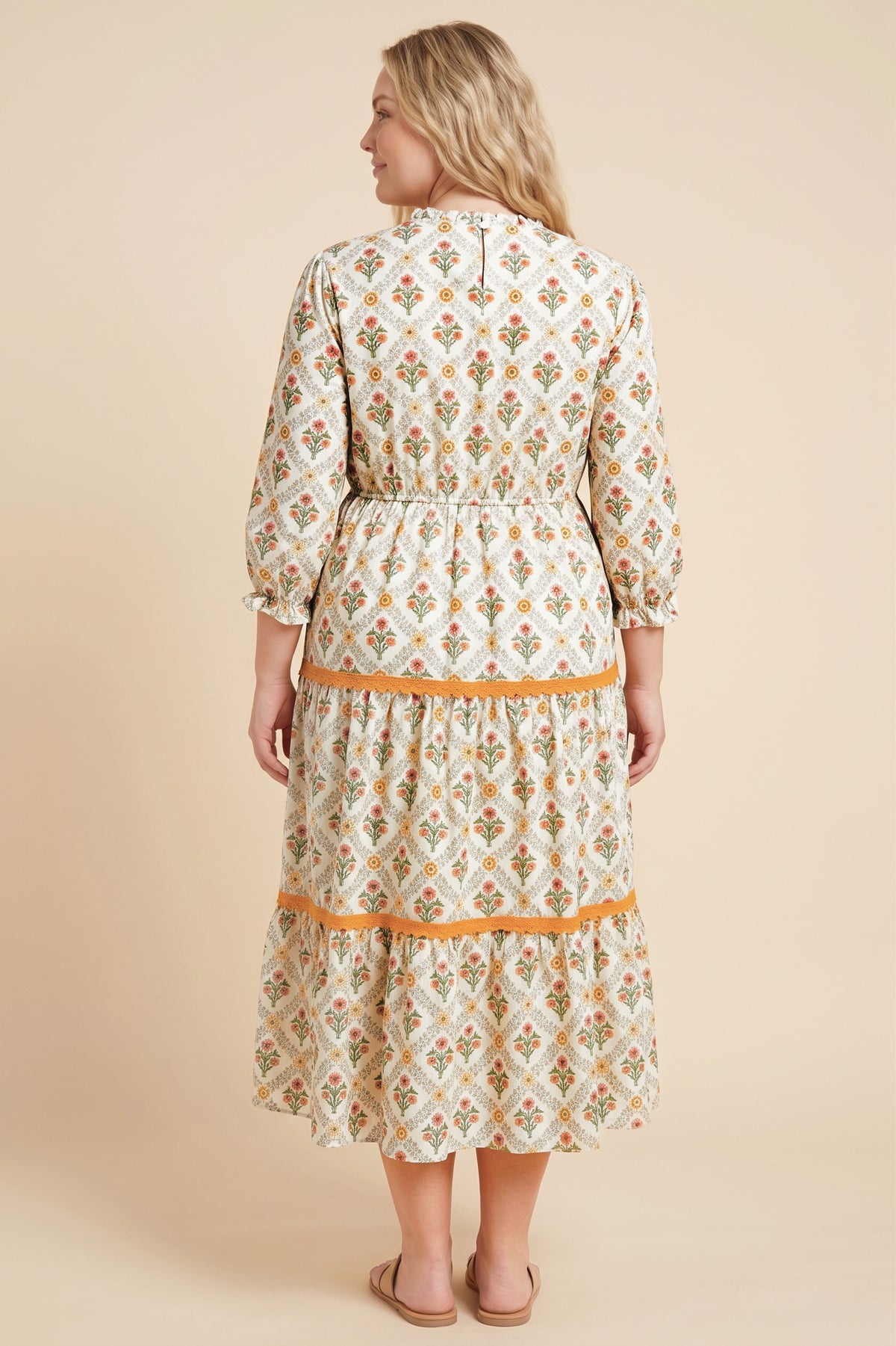 Block Print Contrast Lace Detail Ruffle Neck Dress