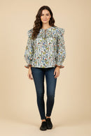 HY9740 Cream Womens Floral Print Tie Front Contrast Lace Detail Top Front