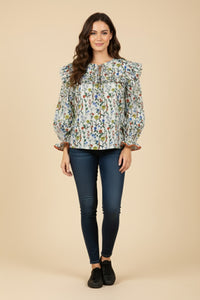 HY9740 Cream Womens Floral Print Tie Front Contrast Lace Detail Top Front