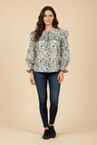HY9740 Cream Womens Floral Print Tie Front Contrast Lace Detail Top Front