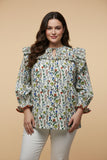 HY9740W Cream Plus Floral Print Tie Front Contrast Lace Detail Top Front