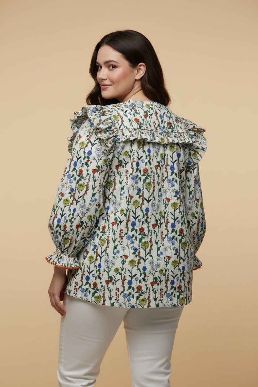 HY9740W Cream Plus Floral Print Tie Front Contrast Lace Detail Top Back