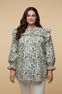 HY9740W Cream Plus Floral Print Tie Front Contrast Lace Detail Top Pose