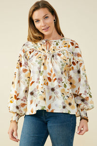 Foliage Printed Tie Detail Piped Top