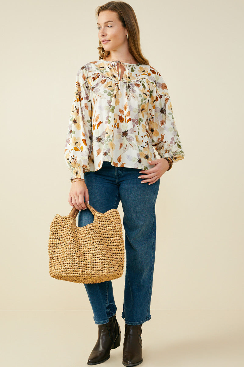 Foliage Printed Tie Detail Piped Top