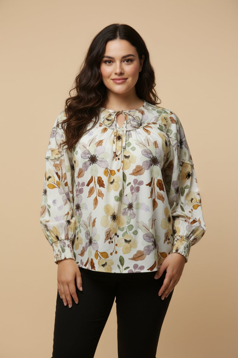 Foliage Printed Tie Detail Piped Top