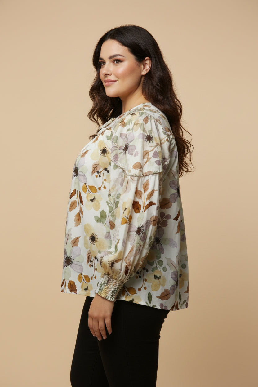 Foliage Printed Tie Detail Piped Top