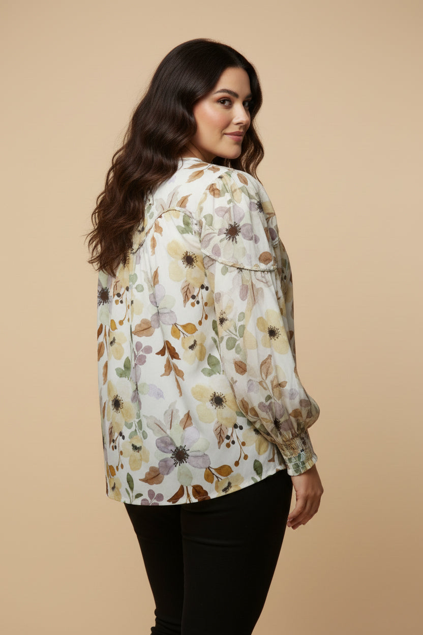 Foliage Printed Tie Detail Piped Top