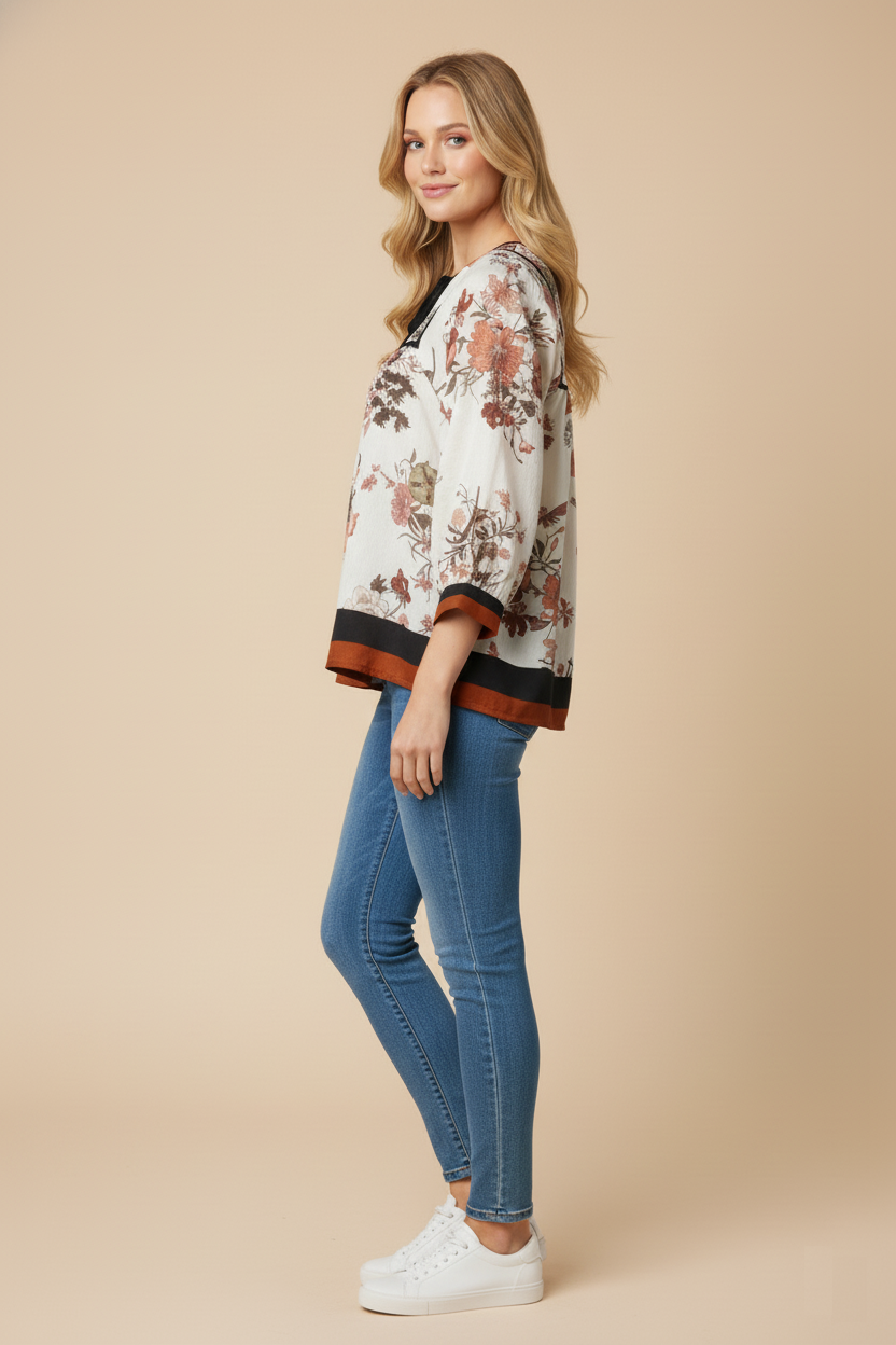 Soft Floral Piping And Border Detail Top