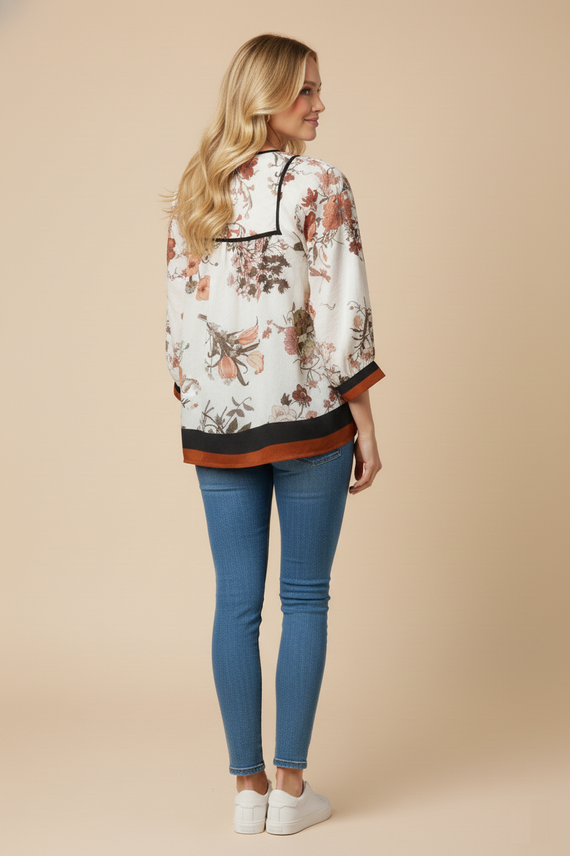 Soft Floral Piping And Border Detail Top