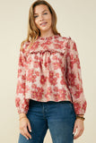 HY9765 Mauve Womens Antique Floral Ruffle Neck Poplin Top Front