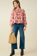 HY9765 Mauve Womens Antique Floral Ruffle Neck Poplin Top Full Body