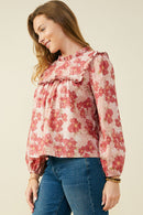 HY9765 Mauve Womens Antique Floral Ruffle Neck Poplin Top Side