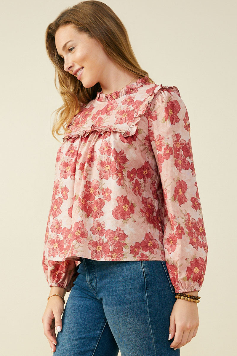 HY9765 Mauve Womens Antique Floral Ruffle Neck Poplin Top Side