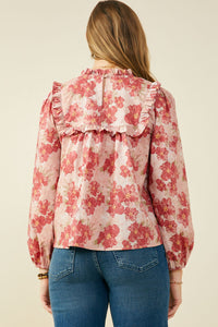 HY9765 Mauve Womens Antique Floral Ruffle Neck Poplin Top Back