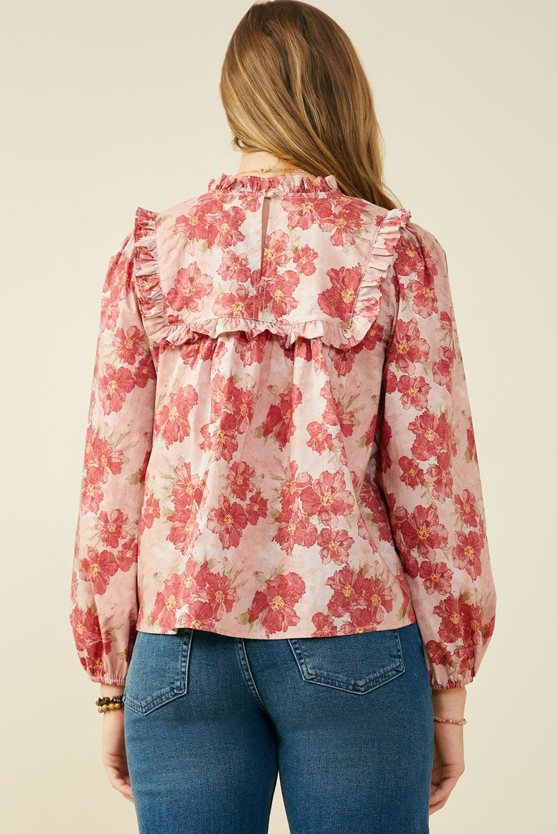 HY9765 Mauve Womens Antique Floral Ruffle Neck Poplin Top Back