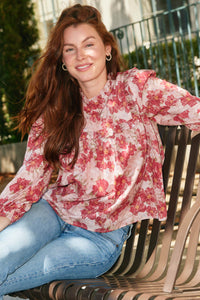 HY9765 Mauve Womens Antique Floral Ruffle Neck Poplin Top Editorial