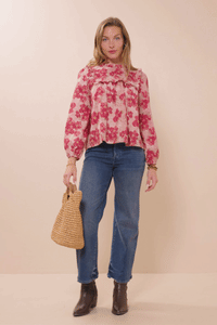 HY9765 Mauve Womens Antique Floral Ruffle Neck Poplin Top Gif