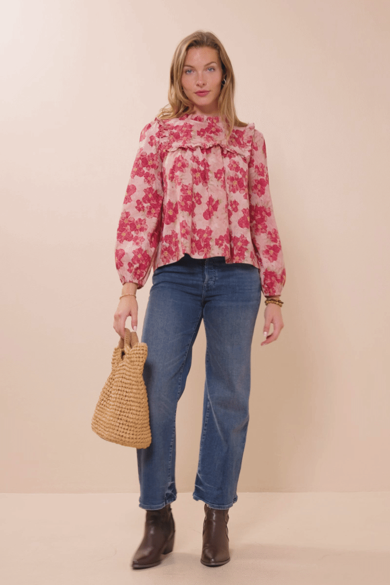 HY9765 Mauve Womens Antique Floral Ruffle Neck Poplin Top Gif