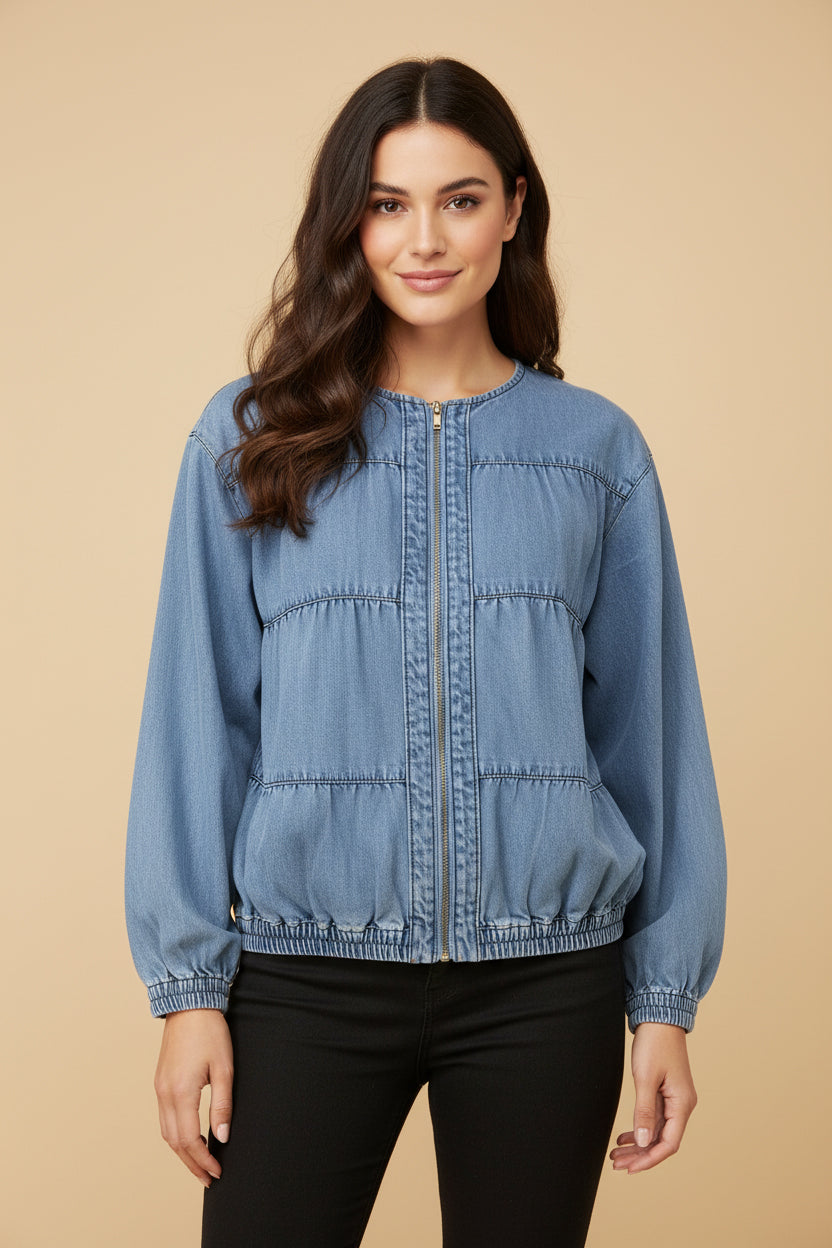 Gathered Detail Batwing Sleeve Denim Jacket