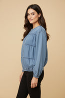 HY9770W Light Denim Womens Gathered Detail Batwing Sleeve Denim Jacket Full Body