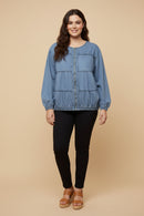 HY9770 Light Denim Womens Gathered Detail Batwing Sleeve Denim Jacket Editorial
