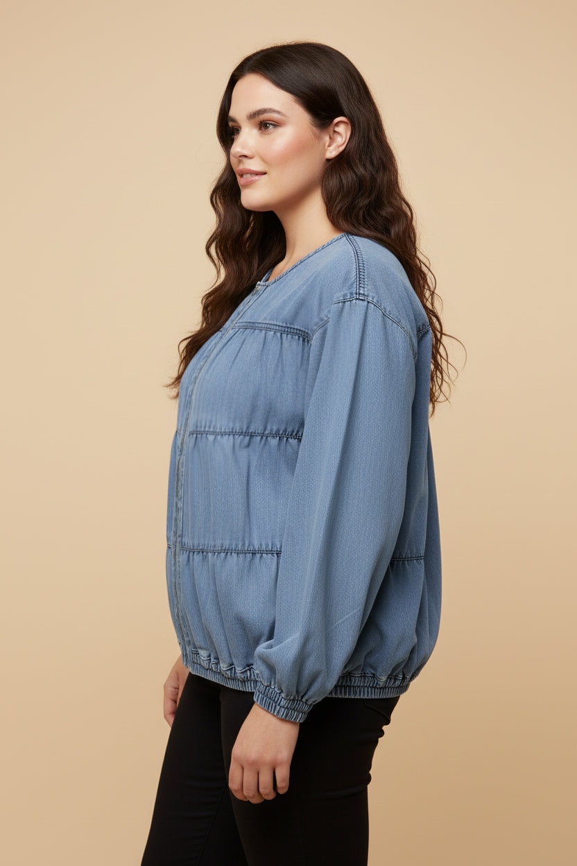 HY9770 Light Denim Womens Gathered Detail Batwing Sleeve Denim Jacket Back
