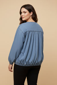 HY9770W Light Denim Womens Gathered Detail Batwing Sleeve Denim Jacket Side