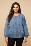 HY9770W Light Denim Womens Gathered Detail Batwing Sleeve Denim Jacket Back
