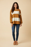 HY9777 Camel Womens Brushed Raw Edge Color Block Long Sleeve Top Front