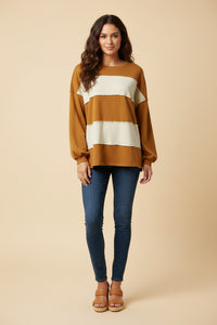 HY9777 Camel Womens Brushed Raw Edge Color Block Long Sleeve Top Front