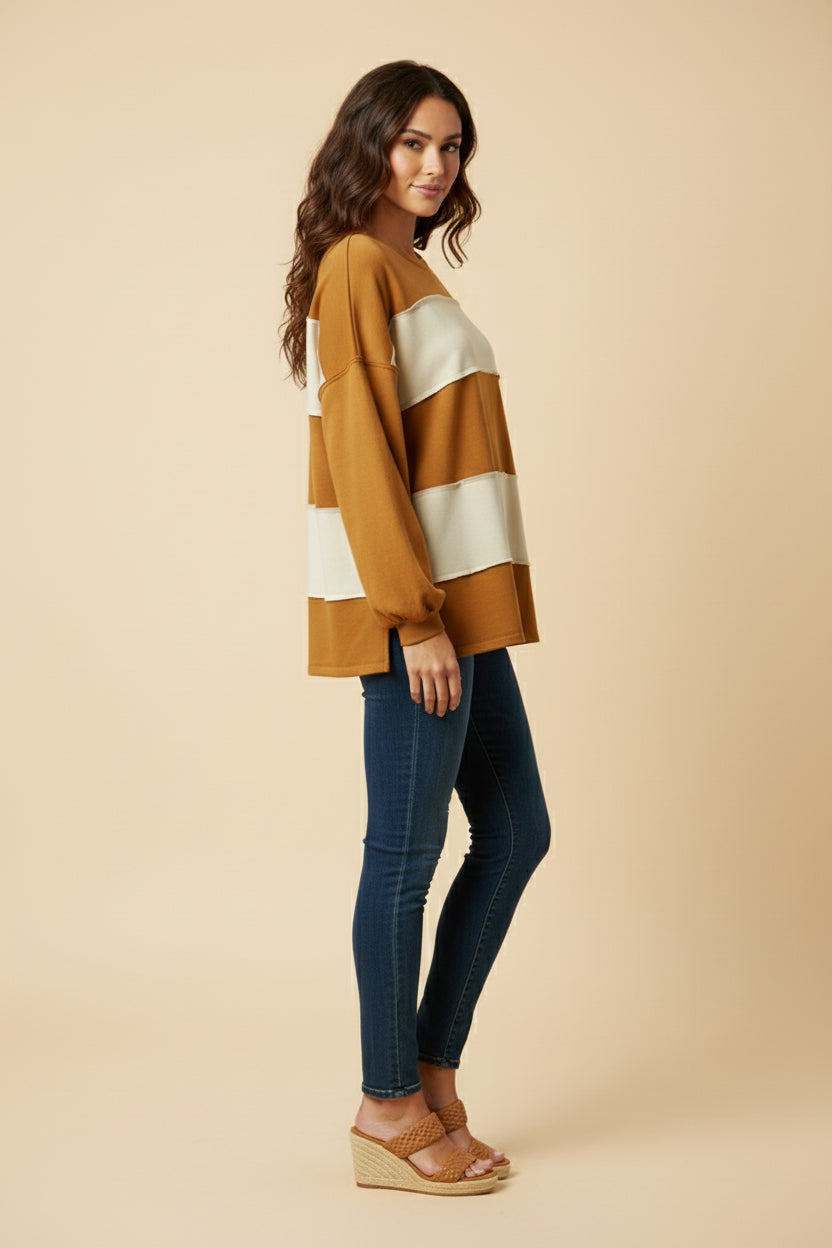 Brushed Raw Edge Color Block Long Sleeve Top