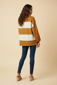 HY9777 Camel Womens Brushed Raw Edge Color Block Long Sleeve Top Back