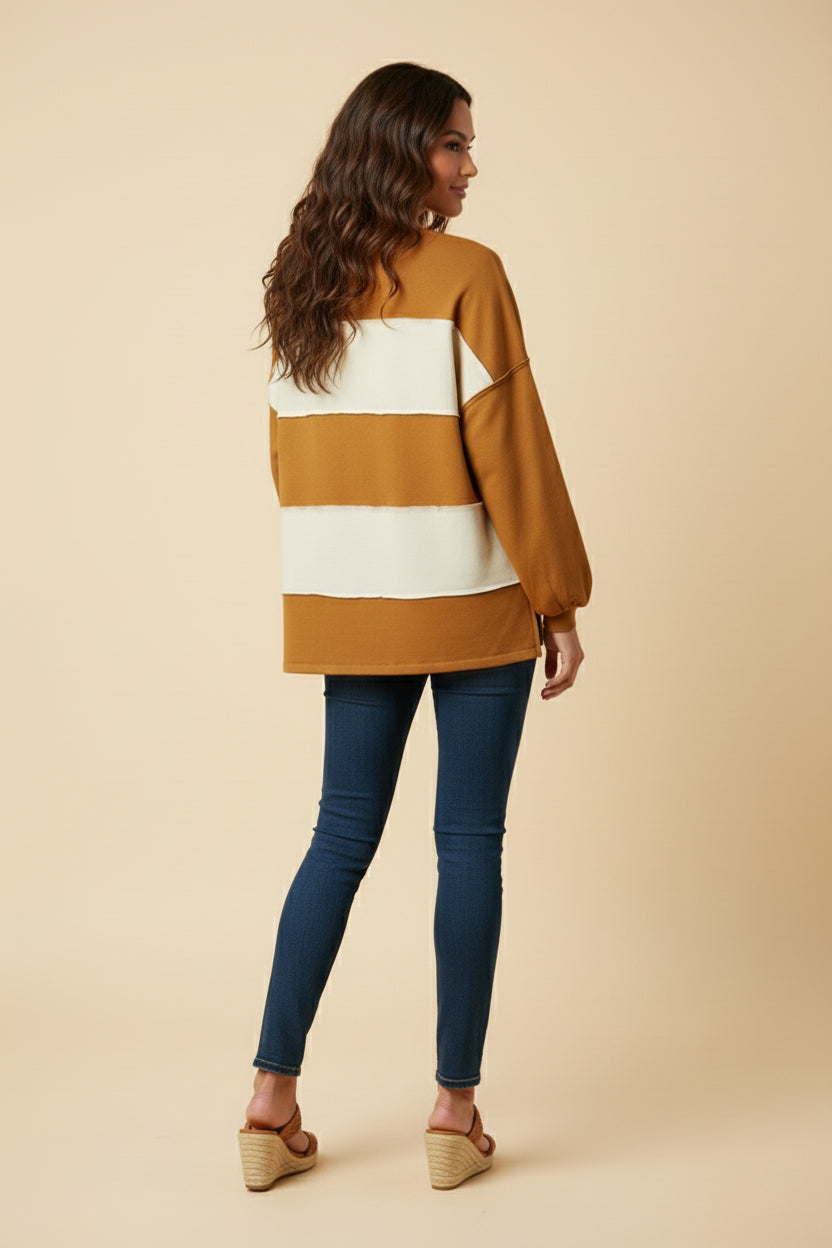 HY9777 Camel Womens Brushed Raw Edge Color Block Long Sleeve Top Back