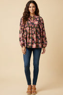 Contrast Piped Tie Neck Floral Top