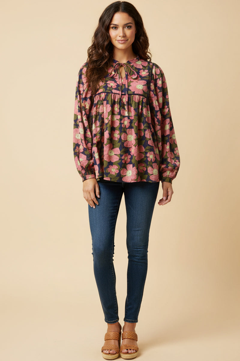 Contrast Piped Tie Neck Floral Top