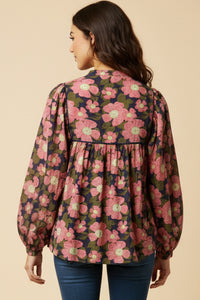 Contrast Piped Tie Neck Floral Top