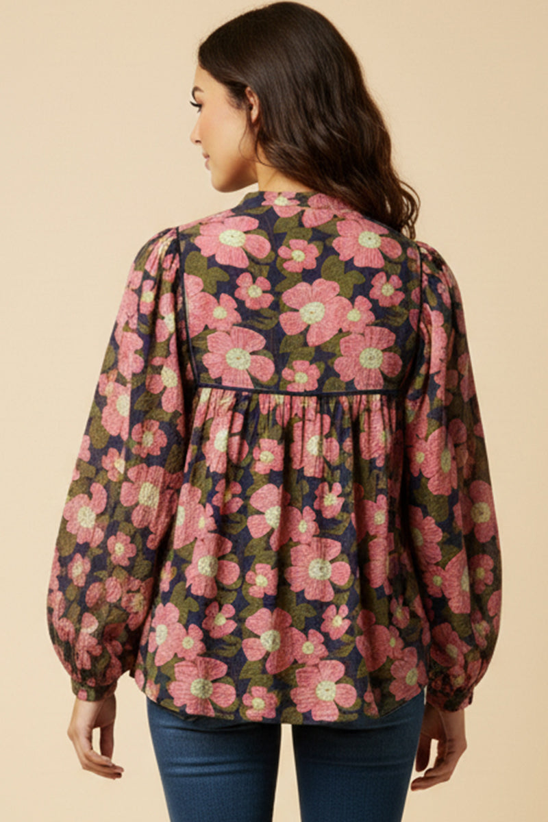 Contrast Piped Tie Neck Floral Top