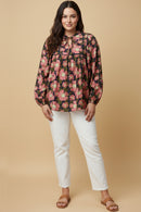 Contrast Piped Tie Neck Floral Top