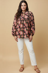 Contrast Piped Tie Neck Floral Top