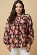 Contrast Piped Tie Neck Floral Top