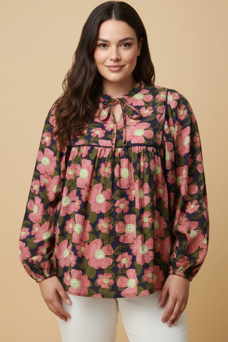 Contrast Piped Tie Neck Floral Top