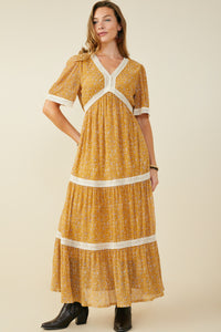 HY9798 Mustard Womens Crochet Lace Trimmed Textured Floral Dress Full Body