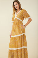 HY9798 Mustard Womens Crochet Lace Trimmed Textured Floral Dress Gif