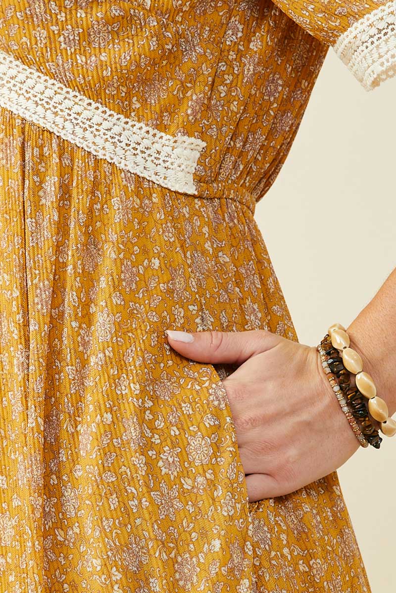 HY9798 Mustard Womens Crochet Lace Trimmed Textured Floral Dress Front