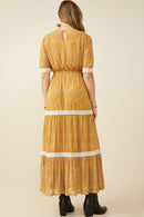 HY9798 Mustard Womens Crochet Lace Trimmed Textured Floral Dress Detail