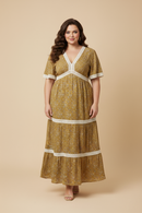 HY9798W Mustard Plus Crochet Lace Trimmed Textured Floral Dress Full Body