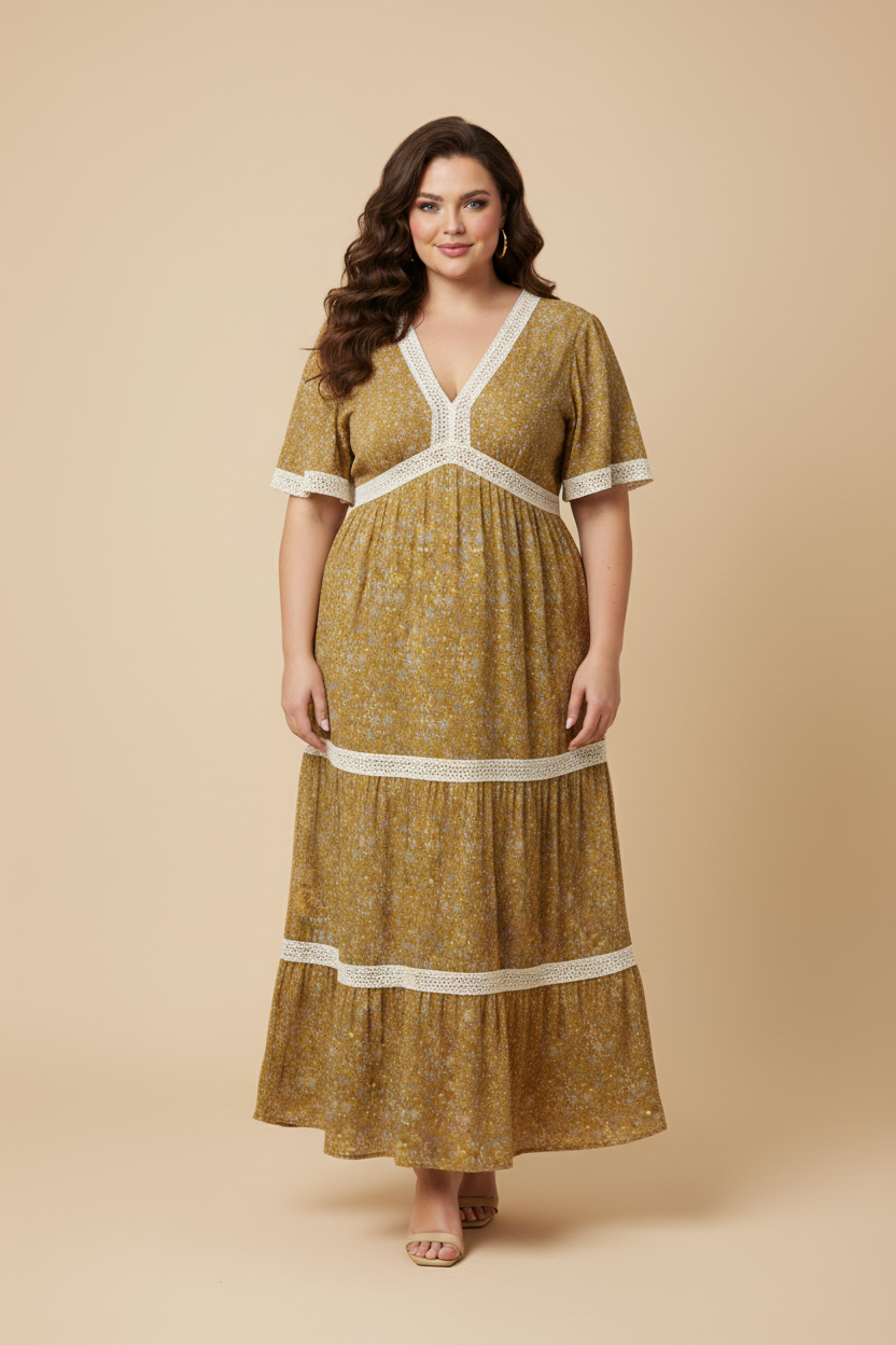 HY9798W Mustard Plus Crochet Lace Trimmed Textured Floral Dress Full Body