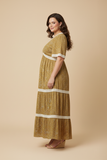 HY9798 Mustard Womens Crochet Lace Trimmed Textured Floral Dress Back