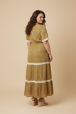 HY9798W Mustard Plus Crochet Lace Trimmed Textured Floral Dress Side